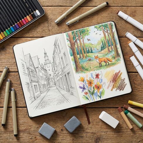 A5 Thick Sketchbook, 660 Pages Blank 80GSM Paper Lay-Flat Notebook, Soft Faux Leather Sketchbook for Drawing Charcoal Pencil, Inks Pen, Colored Pencil, Acrylic Marker, Oil Pastel in Saudi Arabia