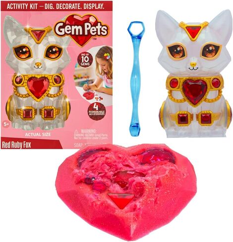 Gem Pets Blue Sapphire Cat Treasure Dig Kit with Lilac-Scented Soap, Includes 10 Gems, 4 Accessories & Digging Tool to Decorate Pet, Mess-Free Excavation Activity for Kids, Purple Doll with Blue Gems in Kuwait