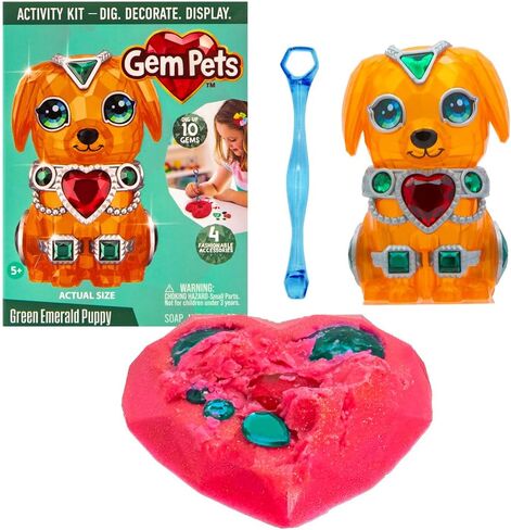 Gem Pets Blue Sapphire Cat Treasure Dig Kit with Lilac-Scented Soap, Includes 10 Gems, 4 Accessories & Digging Tool to Decorate Pet, Mess-Free Excavation Activity for Kids, Purple Doll with Blue Gems in Kuwait