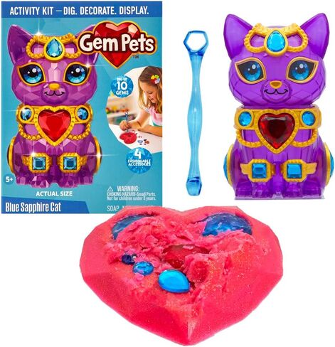 Gem Pets Blue Sapphire Cat Treasure Dig Kit with Lilac-Scented Soap, Includes 10 Gems, 4 Accessories & Digging Tool to Decorate Pet, Mess-Free Excavation Activity for Kids, Purple Doll with Blue Gems in Kuwait