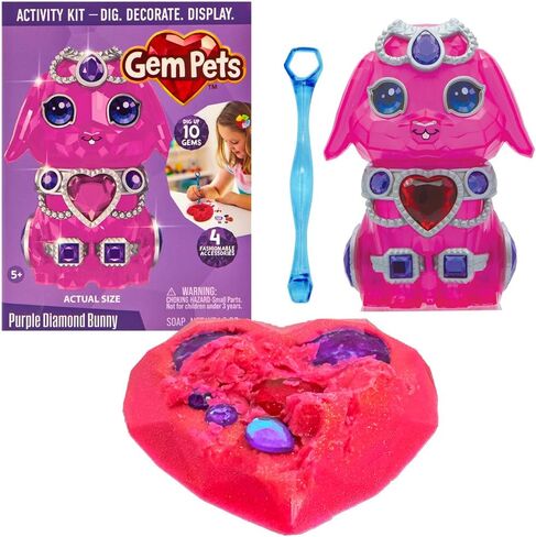 Gem Pets Blue Sapphire Cat Treasure Dig Kit with Lilac-Scented Soap, Includes 10 Gems, 4 Accessories & Digging Tool to Decorate Pet, Mess-Free Excavation Activity for Kids, Purple Doll with Blue Gems in Kuwait