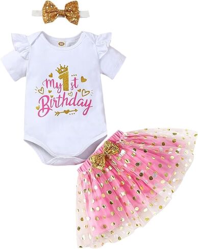 Baby Girls 1st First Birthday Outfits Cotton Romper TuTu Skirt Set with Sequins Bowknot Headband 3Pcs in Kuwait