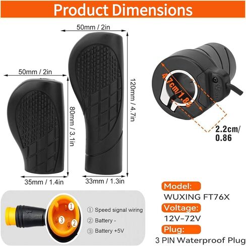 Half Twist Throttle, Waterproof Half-Twist Handle with 3 Pin Female Plug, Speed Accelerator for 12V-72V Ebike MTB, Compatible with Ebike Motorcycle Scooter in Kuwait