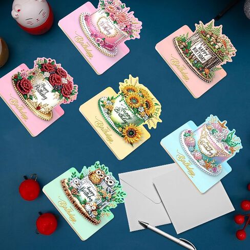 6Pcs Birthday cake picture DIY Folding Greeting Card Diamond Art Painting Creative Design Foldable Thank You Cards Blessing Greeting Card Set for Birthday Christmas Crafts Gift-Happy birthday in Kuwait