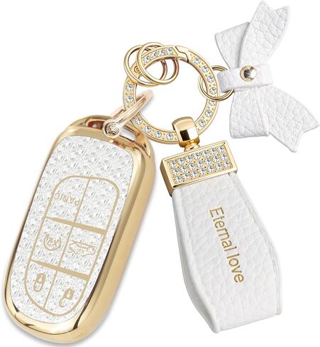 Key Fob Cover with Diamond Keychain, Car Key Shell for Women, Compatible with Jeep Grand Cherokee Renegade Dodge RAM Durango Challenger Chrysler Protector (5 Buttons-Pink Bowknot) in Saudi Arabia