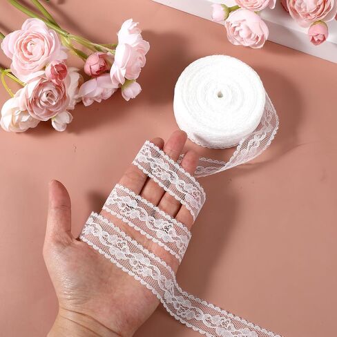 1" x 20Yard White Lace Ribbon for Gift Wrapping, Lace Trim Ribbon Sewing Crafts Floral Ribbons for Gift Wrapping Dress Decoration Wedding Christmas in Kuwait