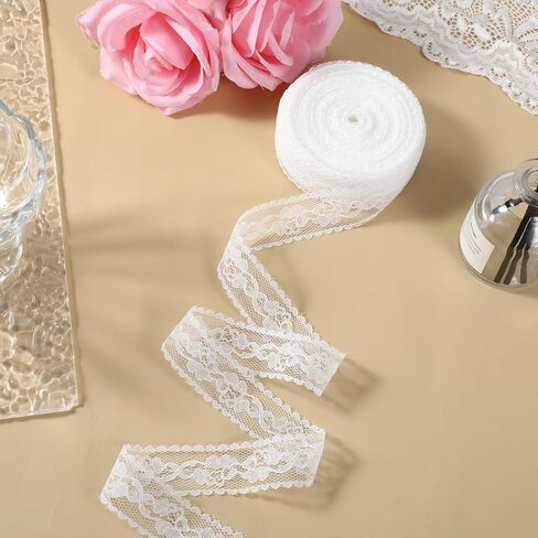 1" x 20Yard White Lace Ribbon for Gift Wrapping, Lace Trim Ribbon Sewing Crafts Floral Ribbons for Gift Wrapping Dress Decoration Wedding Christmas in Kuwait