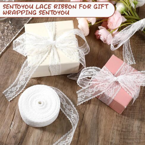 1" x 20Yard White Lace Ribbon for Gift Wrapping, Lace Trim Ribbon Sewing Crafts Floral Ribbons for Gift Wrapping Dress Decoration Wedding Christmas in Kuwait