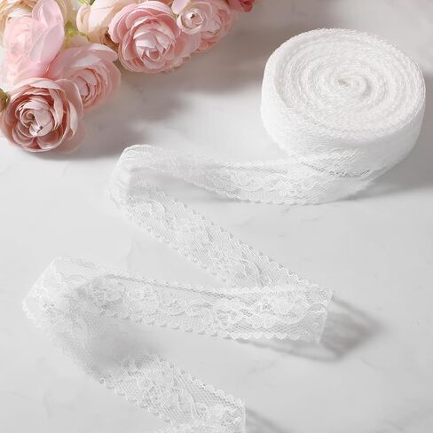 1" x 20Yard White Lace Ribbon for Gift Wrapping, Lace Trim Ribbon Sewing Crafts Floral Ribbons for Gift Wrapping Dress Decoration Wedding Christmas in Kuwait