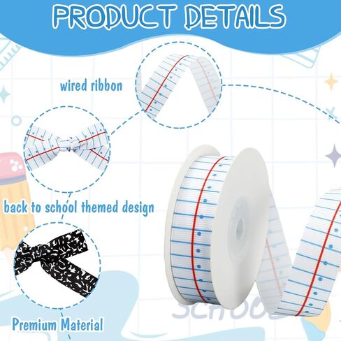 Whaline Back to School Grosgrain Ribbon 0.8 بوصة تكوين دفتر الملاحظات شريط تغليف النسيج الزخرفية لليوم الأول من المدرسة DIY الحرف إكليل القوس صنع، 2 لفات، 20 ياردة in Kuwait