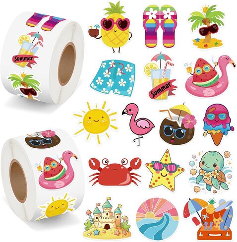 1000Pcs Summer Stickers for Kids, 2 Rolls Hawaiian Tropical Beach Self Adhesive Labels Luau Party Favors for Seasonal Holiday DIY Crafts Teacher Reward Gifts Scrapbooking Water Bottle Decor,16 Designs in Saudi Arabia