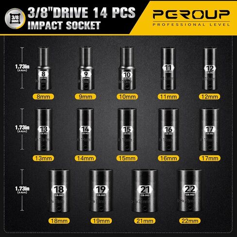 14-Piece 3/8" Drive Semi-Deep Impact socket set, Metric Size (8-22mm) 6-Point Socket Set, CR-MO Steel for Automotive & Industrial in Saudi Arabia