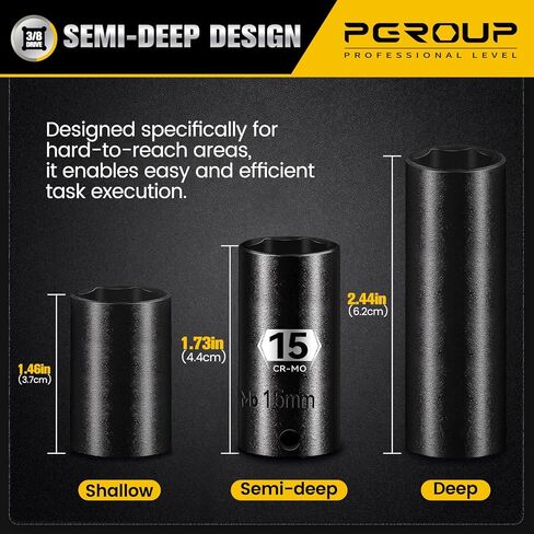 14-Piece 3/8" Drive Semi-Deep Impact socket set, Metric Size (8-22mm) 6-Point Socket Set, CR-MO Steel for Automotive & Industrial in Saudi Arabia