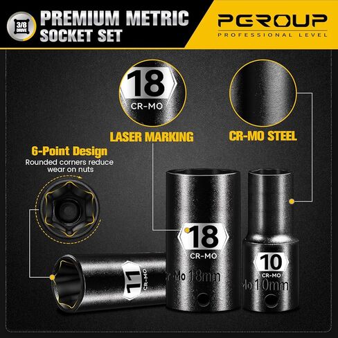 14-Piece 3/8" Drive Semi-Deep Impact socket set, Metric Size (8-22mm) 6-Point Socket Set, CR-MO Steel for Automotive & Industrial in Saudi Arabia