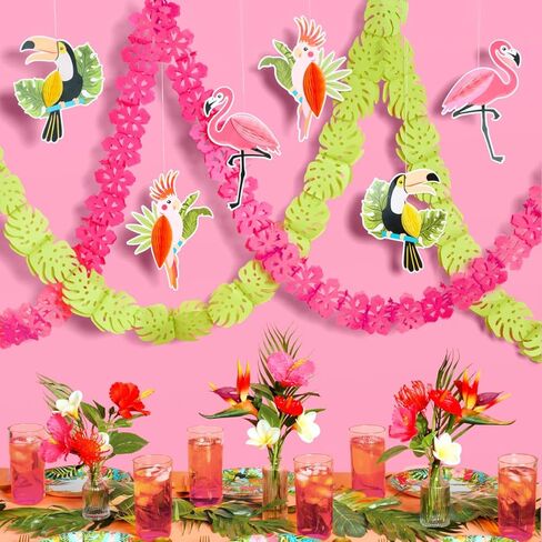xo، Fetti Tropical Accordions - مجموعة ديكورات معلقة مكونة من 8 قطع | حفلة استوائية، لوا، فلامينجو، الطوقان، إكليل الكركديه، عيد ميلاد الصيف، بناتي in Kuwait