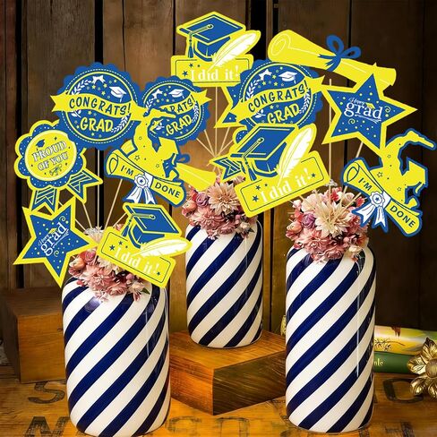 Graduation Party Decorations Navy Blue Yellow 2026/Graduation Table Decorations Blue Yellow White Table Centerpieces-24Pcs Blue White Graduation Sticks Table Toppers for Graduation Decor in Saudi Arabia