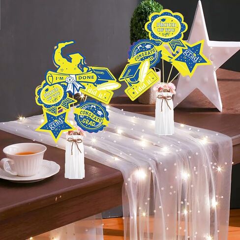Graduation Party Decorations Navy Blue Yellow 2026/Graduation Table Decorations Blue Yellow White Table Centerpieces-24Pcs Blue White Graduation Sticks Table Toppers for Graduation Decor in Saudi Arabia