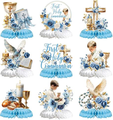 First Holy Communion Honeycomb Centerpieces, Baptism Decorations for Boys, God Bless Religious Table Centerpiece, First Communion Table Decor, Christening Baby Shower Bday Party Decorations Blue 9PCS in Saudi Arabia