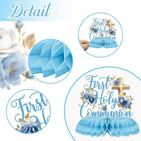 First Holy Communion Honeycomb Centerpieces, Baptism Decorations for Boys, God Bless Religious Table Centerpiece, First Communion Table Decor, Christening Baby Shower Bday Party Decorations Blue 9PCS in Saudi Arabia