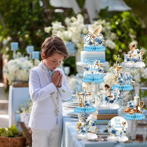 First Holy Communion Honeycomb Centerpieces, Baptism Decorations for Boys, God Bless Religious Table Centerpiece, First Communion Table Decor, Christening Baby Shower Bday Party Decorations Blue 9PCS in Saudi Arabia