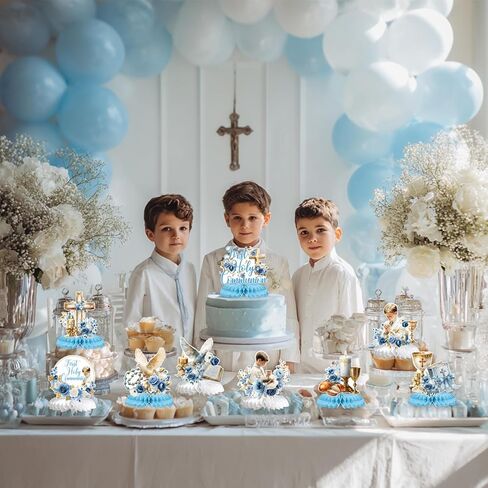 First Holy Communion Honeycomb Centerpieces, Baptism Decorations for Boys, God Bless Religious Table Centerpiece, First Communion Table Decor, Christening Baby Shower Bday Party Decorations Blue 9PCS in Saudi Arabia