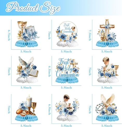 First Holy Communion Honeycomb Centerpieces, Baptism Decorations for Boys, God Bless Religious Table Centerpiece, First Communion Table Decor, Christening Baby Shower Bday Party Decorations Blue 9PCS in Saudi Arabia