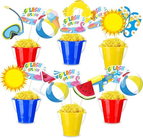 Civaner 24 Pcs Splish Splash Party Decorations 18 Summer Pool Party Centerpiece Sticks 6 Beach Sand Buckets with Raffia Hawaiian Beach Balls Table Toppers Sand Pails Set for Summer Birthday Supplies in Kuwait