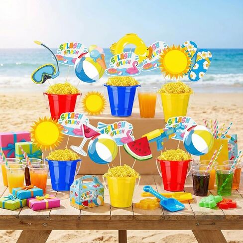 Civaner 24 Pcs Splish Splash Party Decorations 18 Summer Pool Party Centerpiece Sticks 6 Beach Sand Buckets with Raffia Hawaiian Beach Balls Table Toppers Sand Pails Set for Summer Birthday Supplies in Kuwait
