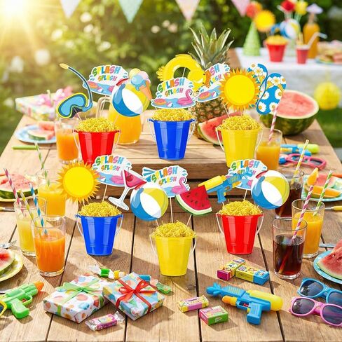 Civaner 24 Pcs Splish Splash Party Decorations 18 Summer Pool Party Centerpiece Sticks 6 Beach Sand Buckets with Raffia Hawaiian Beach Balls Table Toppers Sand Pails Set for Summer Birthday Supplies in Kuwait