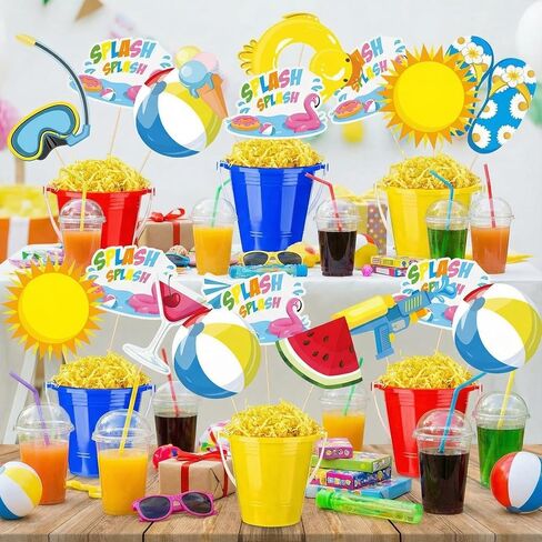Civaner 24 Pcs Splish Splash Party Decorations 18 Summer Pool Party Centerpiece Sticks 6 Beach Sand Buckets with Raffia Hawaiian Beach Balls Table Toppers Sand Pails Set for Summer Birthday Supplies in Kuwait