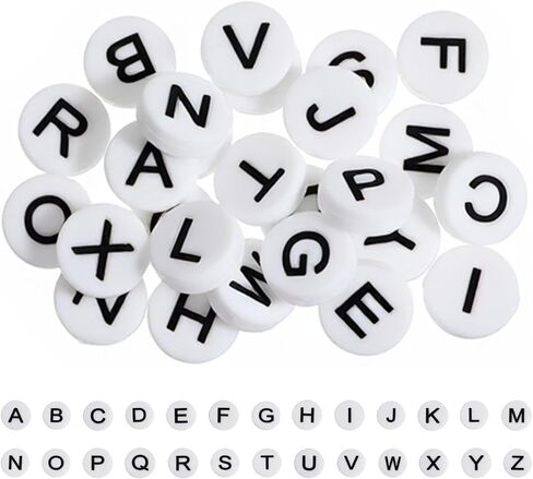 52PCS Letters Beads for Keychains,15mm Round Letter Beads, A-Z Silicon Bead, for Bracelets, Keychains, Necklaces and Lanyards (Black Letter on White Background) in Kuwait