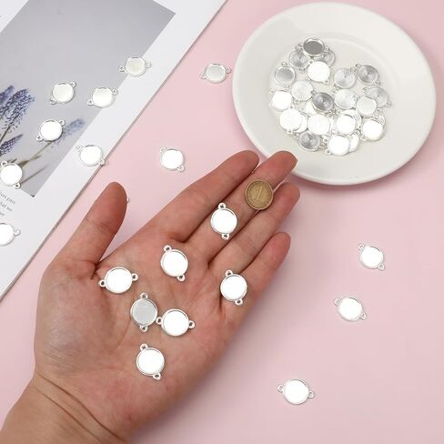 50 Pcs Cabochon Connectors Settings, Round Blank Flat Bezel Links Pendant Trays with Double Loops for DIY Earrings Bracelet Necklace Jewelry Making (12 mm) in Saudi Arabia
