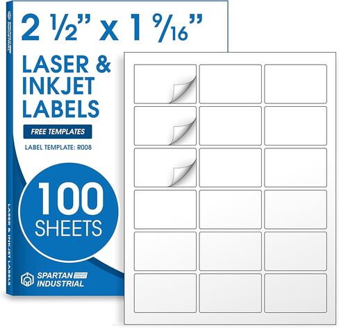 2.5" X 1.563" Matte White Printable Product Labels (30 Sheets, 540 Stickers) Bottle and Jar Labels, Packaging Stickers for Laser & Inkjet Printers - Spartan Industrial Template R008 in Kuwait