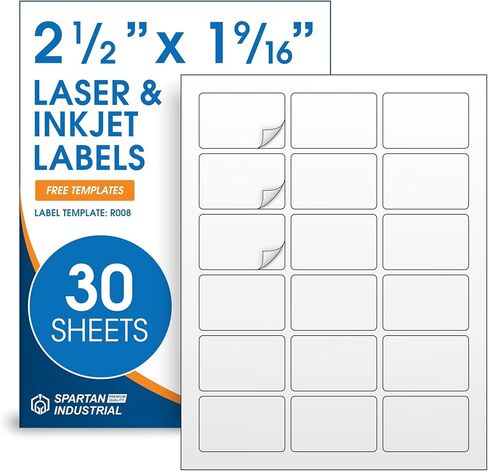 2.5" X 1.563" Matte White Printable Product Labels (30 Sheets, 540 Stickers) Bottle and Jar Labels, Packaging Stickers for Laser & Inkjet Printers - Spartan Industrial Template R008 in Kuwait