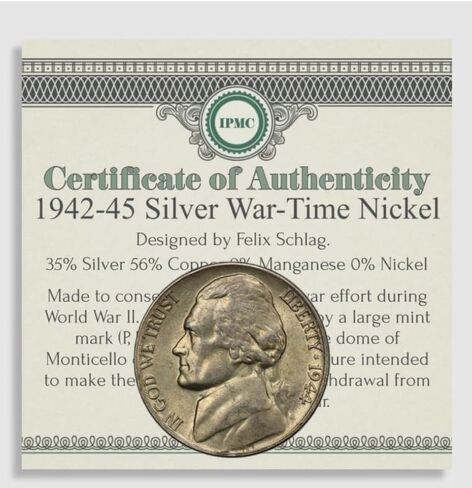 1942-1945 Silver WAR TIME Nickel w/COA USA Rare Coin P D S Mints WW2 Collector 5c in Saudi Arabia