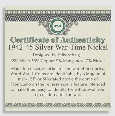 1942-1945 Silver WAR TIME Nickel w/COA USA Rare Coin P D S Mints WW2 Collector 5c in Saudi Arabia