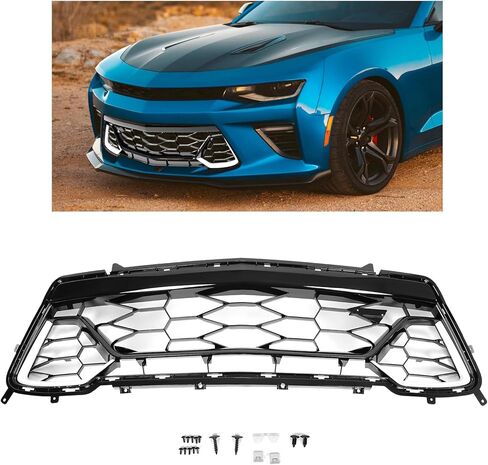 KUAFU Front Bumper Lower Grille Compatible with 2016-2018 Chevy Chevrolet Camaro SS Bumper Mesh Grill Painted Plastic Black & White in Kuwait
