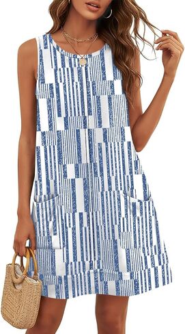 Disamer Womens Sleeveless Sundresses 2026 Vacation Beach Dress Casual Striped Printed Summer Dresses Short Dress with Pocket in Saudi Arabia