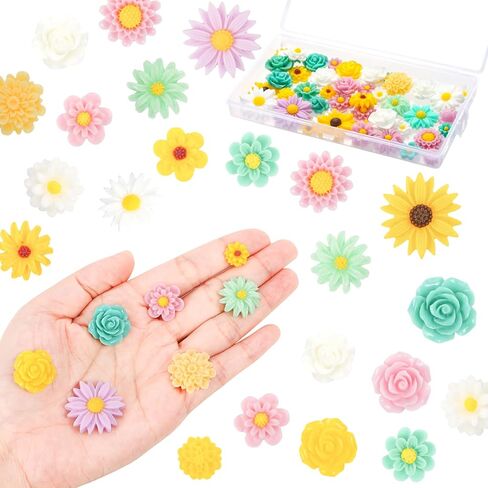 BENBO 44 Pcs Flatback Resin Daisy Peony Flower Flatback Charms Resin Undrilled Daisy Embellishments for Adults, Random Floral Decor with Box for Phone Case Hairpin Scrapbooking Jewelry Making in Kuwait