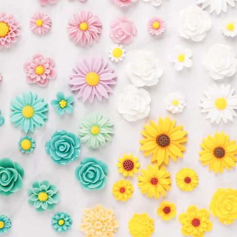 BENBO 44 Pcs Flatback Resin Daisy Peony Flower Flatback Charms Resin Undrilled Daisy Embellishments for Adults, Random Floral Decor with Box for Phone Case Hairpin Scrapbooking Jewelry Making in Kuwait