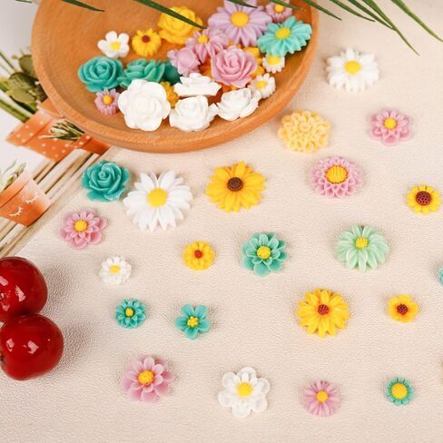 BENBO 44 Pcs Flatback Resin Daisy Peony Flower Flatback Charms Resin Undrilled Daisy Embellishments for Adults, Random Floral Decor with Box for Phone Case Hairpin Scrapbooking Jewelry Making in Kuwait