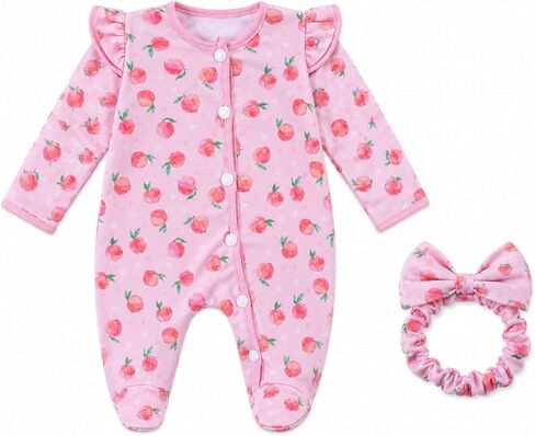BABESIDE Reborn Baby Doll Clothes for 17-22 Inch Dolls, 2 Pcs Baby Doll Clothes Set with Footed Romper and Matching Bow Headband, Pink Peach Doll Outfit Accessories for Pretend Play, Ages 3+ in Kuwait