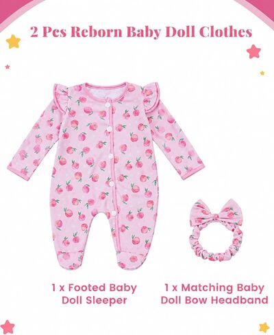 BABESIDE Reborn Baby Doll Clothes for 17-22 Inch Dolls, 2 Pcs Baby Doll Clothes Set with Footed Romper and Matching Bow Headband, Pink Peach Doll Outfit Accessories for Pretend Play, Ages 3+ in Kuwait