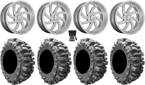 الحزمة - 9 عناصر: MSA Titanium Switch 20 "UTV Wheels 33" Bogger Tyres [4x137 Bolt Pattern 12mmx1.25 Lug Kit] in Kuwait