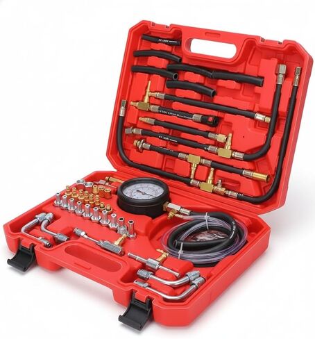 Fuel Injection Pressure Tester Kit 0-140 PSI, Universal Fuel Pump Pressure Gauge Set with Quick Release Valve, Reinforced Hoses & Multi-Size Adapters for Gasoline Engine Diagnostic ((TU-443Red)) in Saudi Arabia