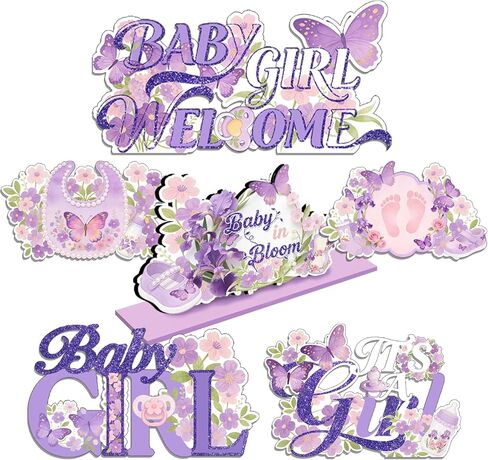 6Pcs Purple Butterfly Wooden Baby Shower Decorations Floral Table Centerpieces Supplies Welcome Baby in Bloom Table Display It's a Girl Gender Reveal for Girl Props in Saudi Arabia