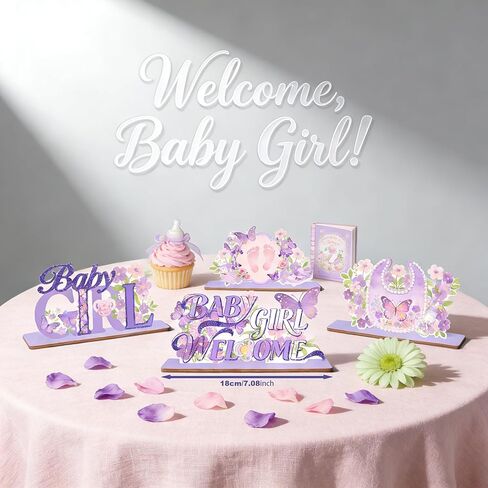6Pcs Purple Butterfly Wooden Baby Shower Decorations Floral Table Centerpieces Supplies Welcome Baby in Bloom Table Display It's a Girl Gender Reveal for Girl Props in Saudi Arabia