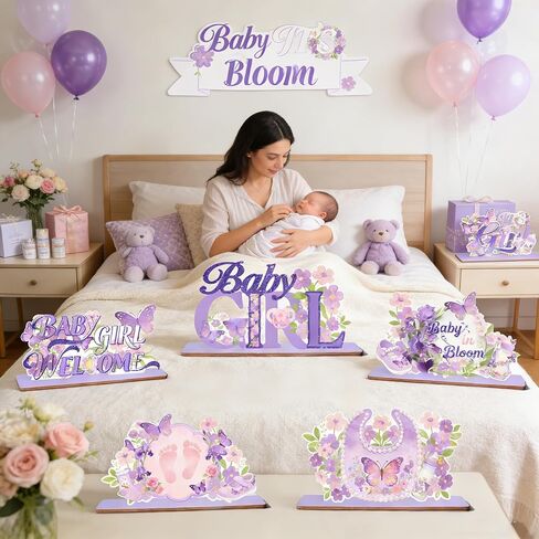 6Pcs Purple Butterfly Wooden Baby Shower Decorations Floral Table Centerpieces Supplies Welcome Baby in Bloom Table Display It's a Girl Gender Reveal for Girl Props in Saudi Arabia