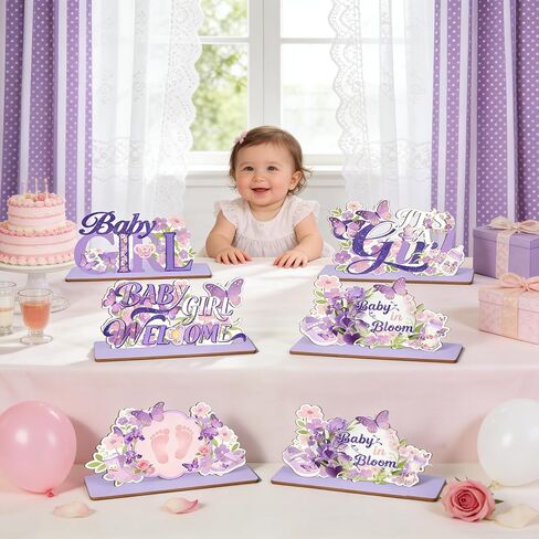 6Pcs Purple Butterfly Wooden Baby Shower Decorations Floral Table Centerpieces Supplies Welcome Baby in Bloom Table Display It's a Girl Gender Reveal for Girl Props in Saudi Arabia