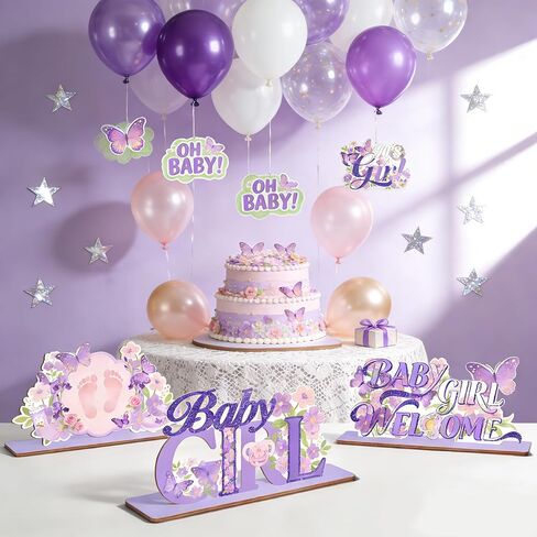 6Pcs Purple Butterfly Wooden Baby Shower Decorations Floral Table Centerpieces Supplies Welcome Baby in Bloom Table Display It's a Girl Gender Reveal for Girl Props in Saudi Arabia